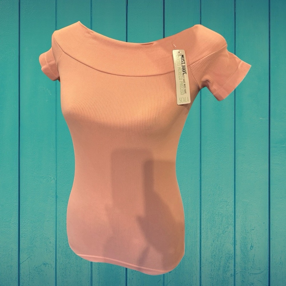 Women's NWT Scala Pink Off The Shoulder Ribbed Short Sleeve Shirt Os Stretchy